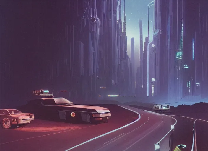 Prompt: a car driving down a street next to tall forest the night, cyberpunk art by Chesley Bonestell, cgsociety, retrofuturism, matte painting, reimagined by industrial light and magic