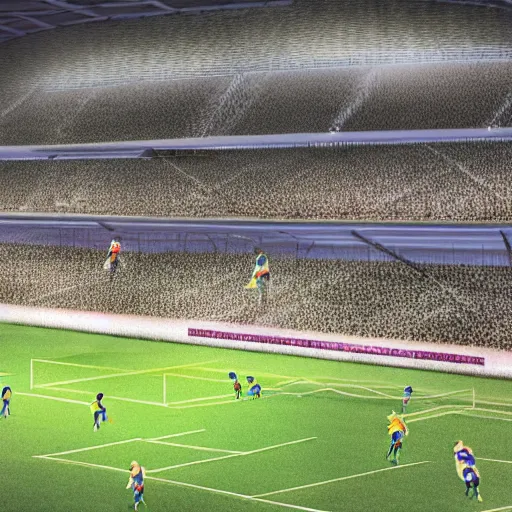Prompt: peacock playing soccer, modern stadium, digital art