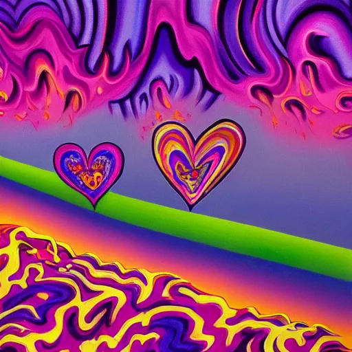 Image similar to a highly detailed painting of kitschy purple hearts in flames, inspired by lisa frank, dali, matisse, david hockney, trending on artstation, 4 k