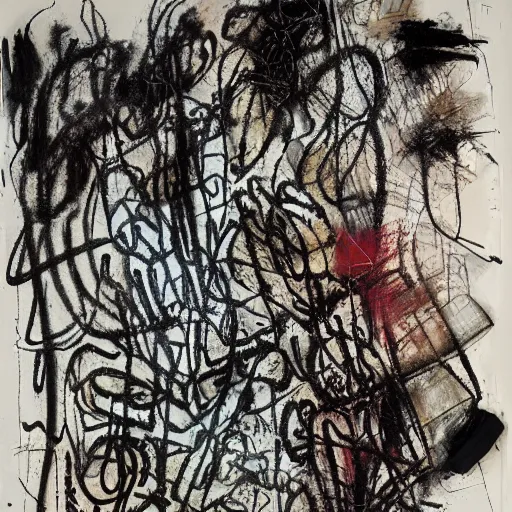 Prompt: mixed media artwork with asemic writing, crayon lines, ink flourishes, pencil marks, calligraphic poetry, charcoal smudges, fragmented typography, in the style of Cy Twombly