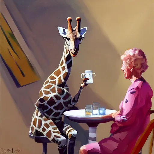 Prompt: a giraffe astronaut drinking tea with queen isabel, trending on artstation, art by greg manchess, guangjian, detailed digital art, artstation hd
