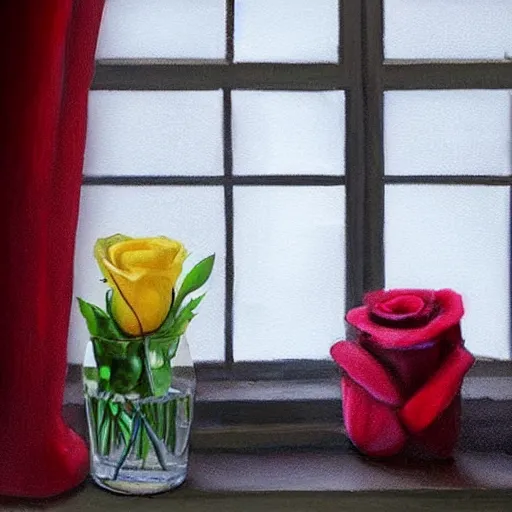 Image similar to The image would feature a windowsill with two vases. One vase containing a red rose. And the other vase containing a blue violet. The natural light from the window would be shining in on the scene. Trending on artstation