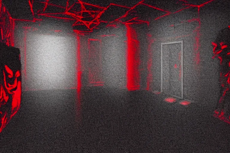 Image similar to cctv footage of an extremely dark empty room with evil horror cryptid monster made out of static, dark deep black shadows, crimson red and black color contrast in the style of trevor henderson and james ensor goya, liminal space, 3 d render, glitch effect