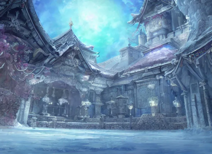 Prompt: Fantasy ice temple. hidari, color page, tankoban, 4K, tone mapping, Akihiko Yoshida.