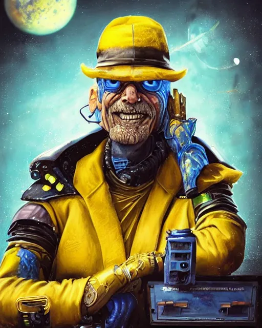 Prompt: an intimate portrait of a gnarly human cyberpunk captain, old skin, faded hat, charming, strong leader, blue eyes, a look of cunning, big smile, detailed matte fantasy painting, the planets and night war rages behind him, yellow and blue and cyan