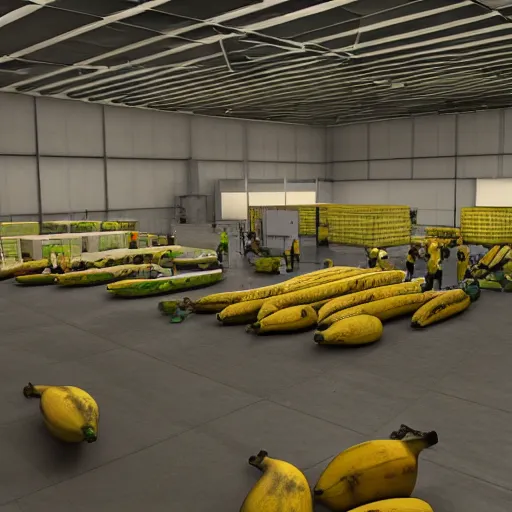 Image similar to The Interior of the Banana Cartel Warehouse, 3d render art, trending on cgsociety