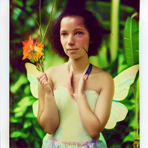 Image similar to grainy head to shoulder portrait Polaroid film photograph of a small magical fairy in a tropical greenhouse. looking at the camera!!. super resolution. surreal. Extremely detailed. Polaroid 600 film. by Annie Leibovitz and Richard Avedon