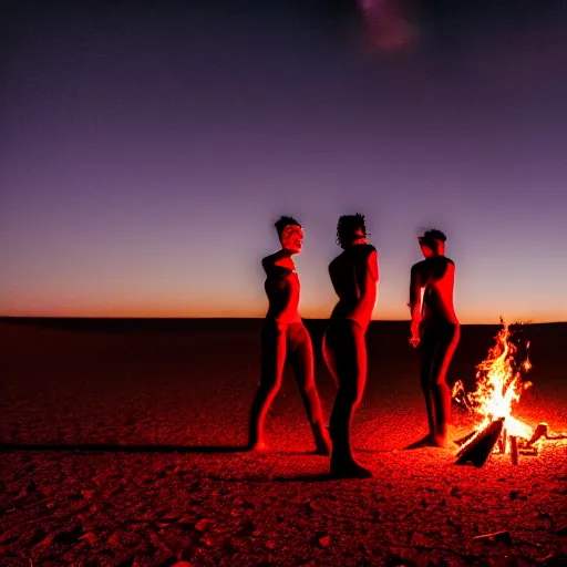 Image similar to photograph of three ravers photographed from behind, talking around a fire, photorealistic, dancefloor kismet, diverse costumes, clean composition, desert transition area, bonfire, night, australian desert, xf iq 4, symmetry, sony a 7 r, 1 5 0 mp, 5 0 mm