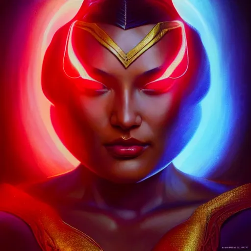 Image similar to iza calzado as darna, volumetric lights, red and cyan theme, art nouveau botanicals, intricate, highly detailed, digital painting, artstation, concept art, smooth, sharp focus, cinematic, illustration, beautiful face, art by artgerm and greg rutkowski and alphonse mucha