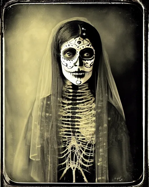 Prompt: tintype religious veil woman in dia de muertos dress and makeup high quality photo, microchip, artificial intelligence, bio - mechanical bio - luminescence, black wired cables, neurons, nerve cells, cinematic, rim light, photo - realistic, high detail, 8 k, masterpiece, high fashion, in the style of steven meisel dora maar h. r. giger