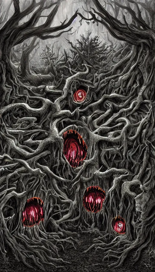 Image similar to a storm vortex made of many demonic eyes and teeth over a forest, by steve argyle