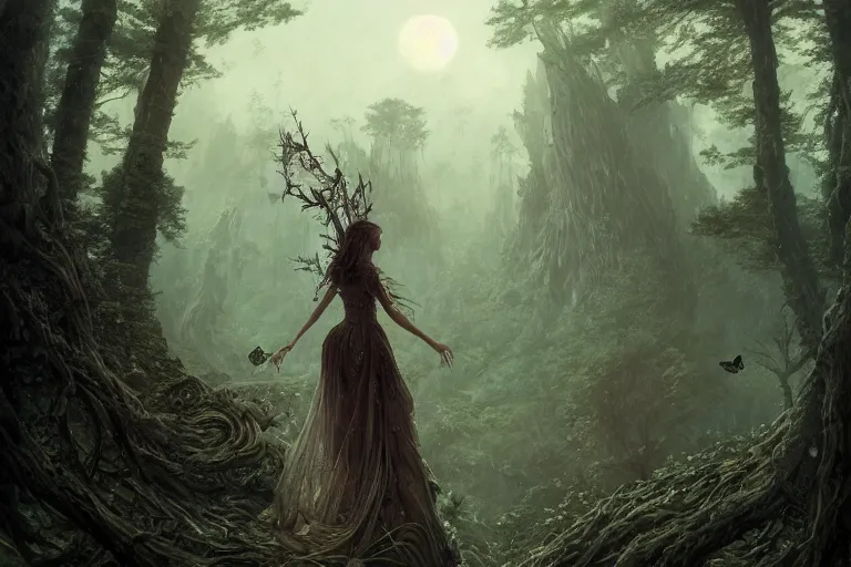 Image similar to detailed intricate digital illustration by greg rutkowski and david friedrich and ruan jia and fenghua zhong and steven belledi ; portrait of fairy girl standing in gothic fantasy valley and forest faerie fey unseelie in background ; 1 3 mm film, arri alfa anamorphic lens ; sharp focus, eventide, fireflies ; trending on artstation 8 k