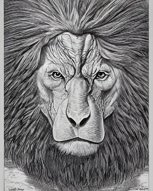 Image similar to a creature with the body and eyes of a man, beak of an eagle, the mane of a lion, two horns of an ox. drawn by moebius