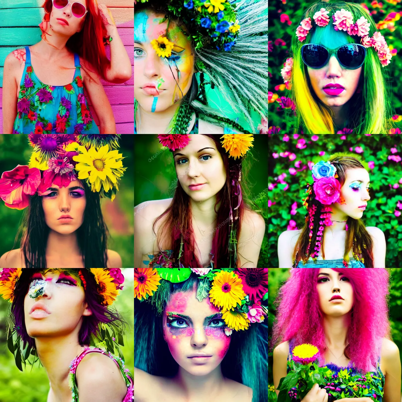 Prompt: beautiful portrait of a flowerpunk girl, vibrant, summer