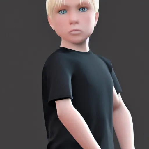 Image similar to a detailed full body image of boy with blonde hair and blue eyes wearing a black tshirt, unreal engine 5 rendered, incredibly highly detailed and realistic, 8 k, sharp focus, studio quality