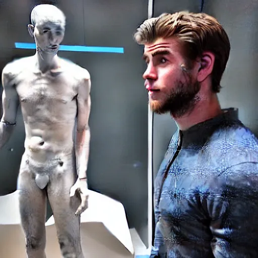 Image similar to “a realistic detailed photo of a guy who is an attractive humanoid who is half robot and half humanoid, who is a male android, actor Liam Hemsworth, shiny skin, posing like a statue, blank stare, at the museum, on display”