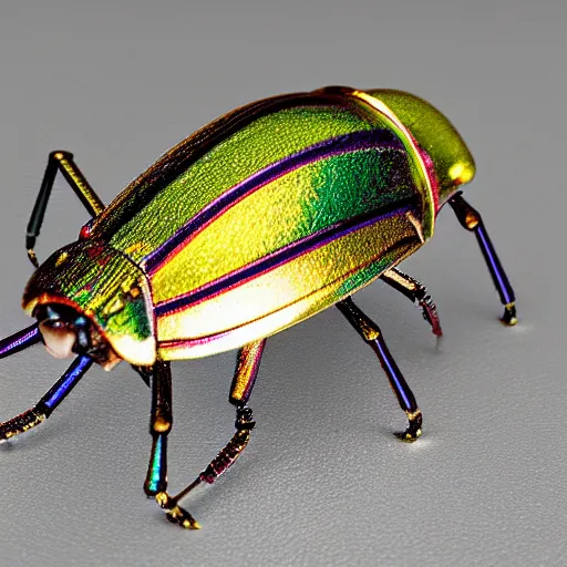 Prompt: iridescent metal robot beetle made out of simple geometric shapes. tilt shift photography. award winning