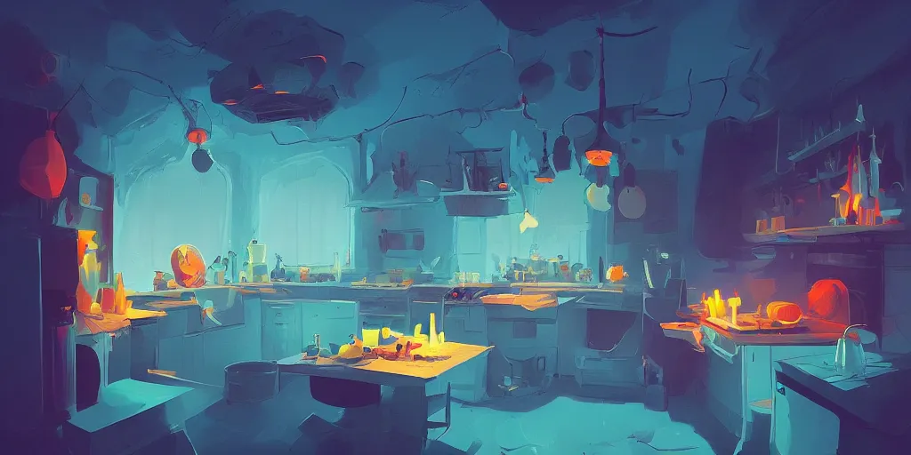 Image similar to 'weird perspective'!!!!!!!!! epic illustration of a kitchen dim lit by 1 candle in a scenic environment by Anton Fadeev