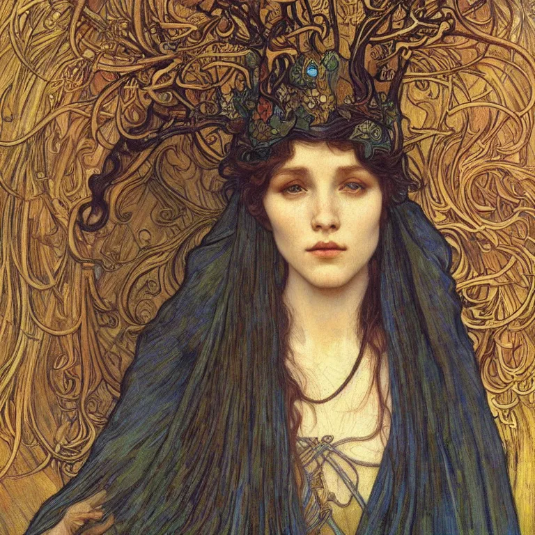 Image similar to detailed realistic beautiful young medieval queen face portrait by jean delville, alphonse mucha, vincent van gogh, and marco mazzoni, art nouveau, symbolist, visionary, gothic, pre - raphaelite