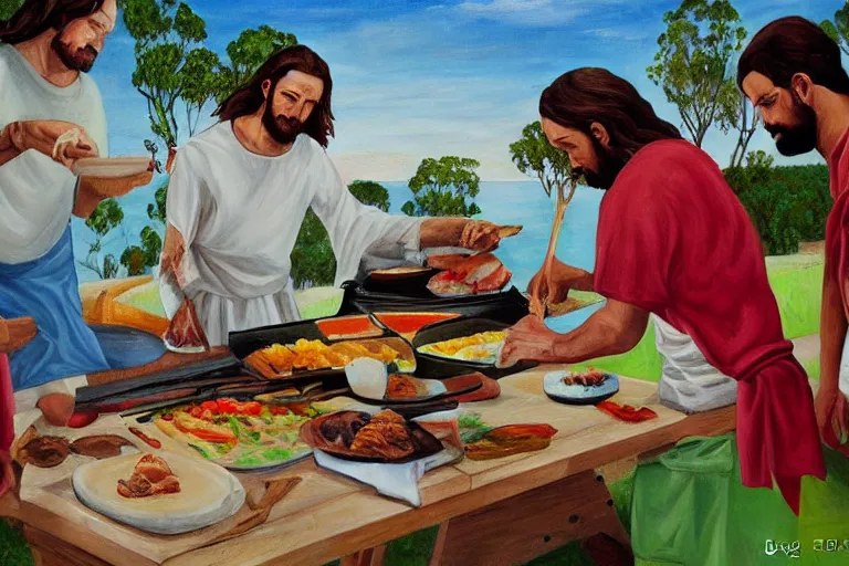 Prompt: painting of Australian Jesus cooking at BBQ, by Reg Mombasa