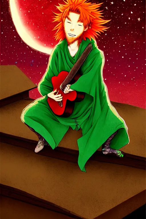 Image similar to red haired man character with a guitar in his hand, sitting on a roof top at night with many stars, wearing a nice green cloak, very artistic pose, background in blurred, perfect lighting. professional design. great composition, illustration, highly detailed, digital painting, concept art, trending on artstation, by katsuya terada