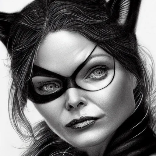 Image similar to amazing lifelike award winning pencil illustration of Michelle pfeiffer as catwoman trending on art station artgerm Greg rutkowski cinematic