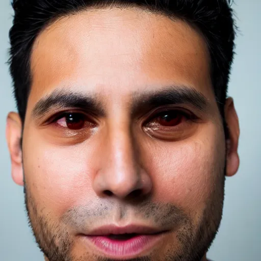 Image similar to close up of face of good looking 3 5 year old peruvian man with clean shaven face, no beard, thin face, small eyes, very short straight black hair in a quiff style, color portrait, 4 k