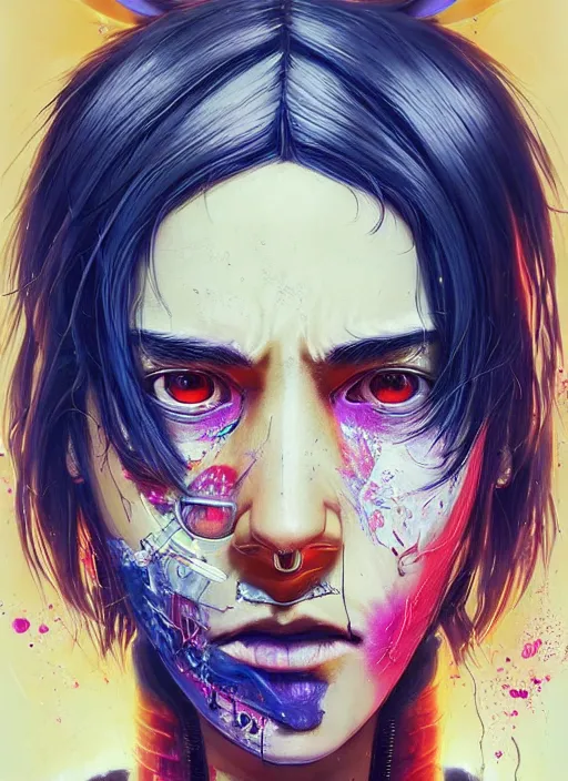 Prompt: beautiful portrait of Lofi cyberpunk Sasuke, by Tristan Eaton, Stanley Artgermm, Tom Bagshaw, Greg Rutkowski, Carne Griffiths. trending on DeviantArt, face enhance, hyper detailed, trending on Artstation, 8k, masterpiece, graffiti paint, fine detail, full of color, intricate detail, golden ratio illustration