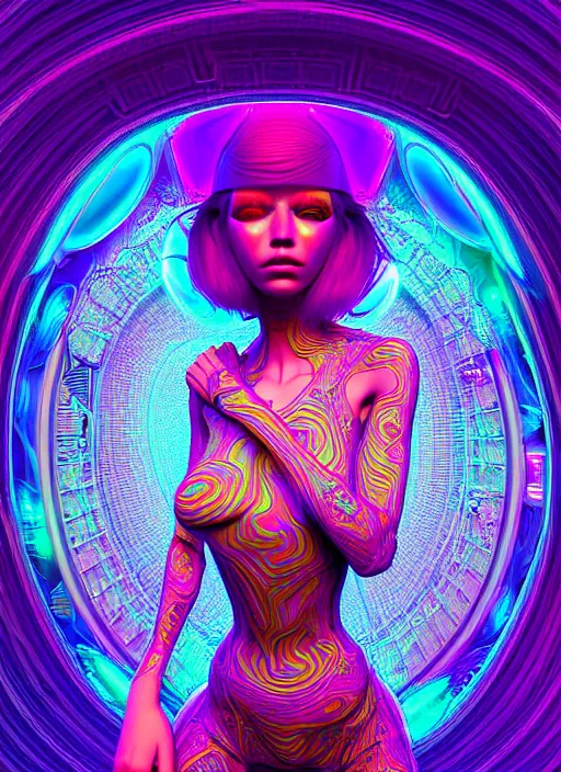 Prompt: three dimensional absurdly beautiful, fashionable futuristic young woman, psychedellic, ayahausca, tryptamine, hyperdetailed illustration by irakli nadar and alexandre ferra, intricate linework, unreal engine 5 highly rendered, global illumination, radiant light, detailed and intricate environment