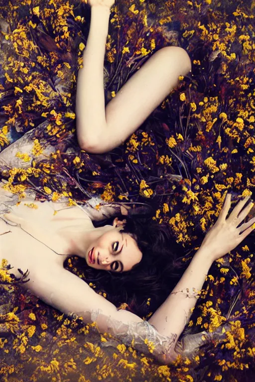 Image similar to full body fine art photo of the beauty gal gadot, she is lying down and covered by dried flowers, taken by oleg oprisco