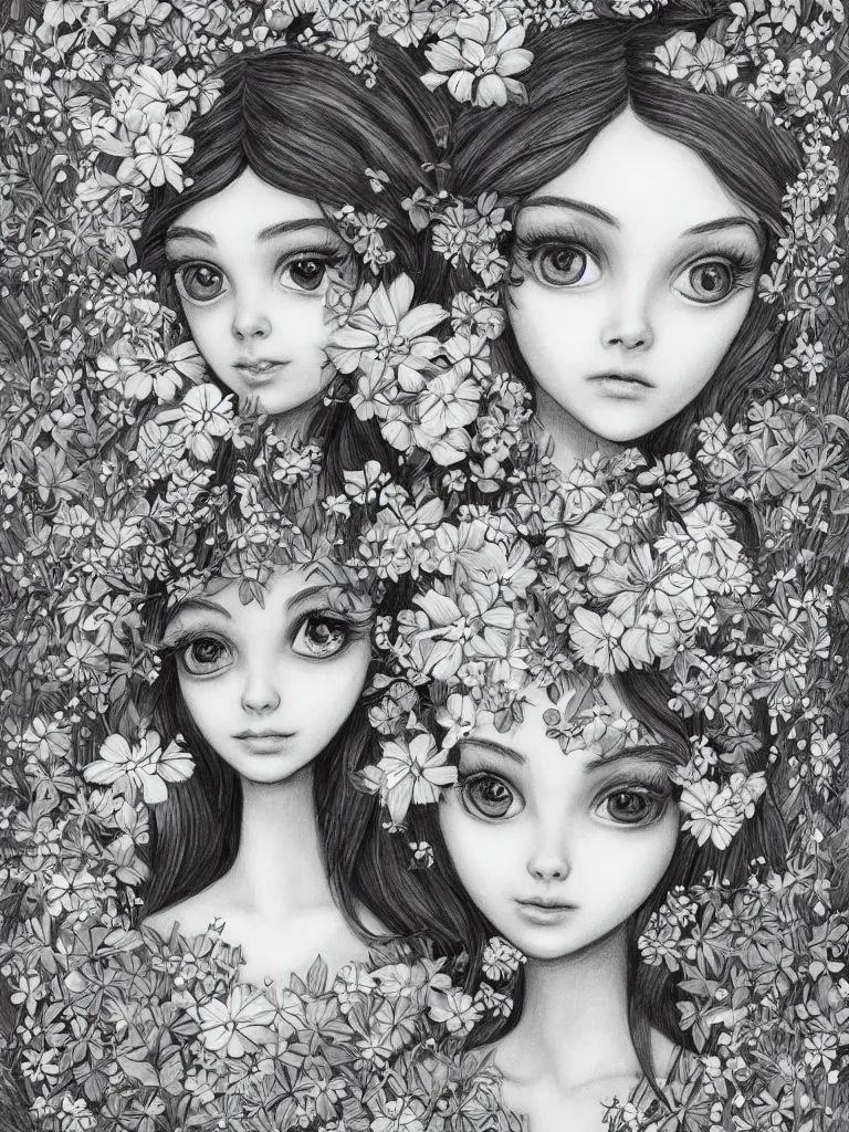 Prompt: a portrait of a cute flower fairy with whimsical big eyes in a garden and surrounded by flowers, pencil drawing, black and white, trending on artstation, behance, deviantart, drawn by tom lovell, artgerm, jsc, j. scott campbell