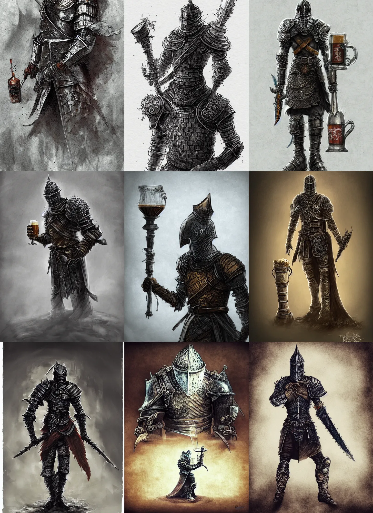 Prompt: knight drinks beer, beer, glass, beer mug in hand, intricate, triumphantly, fog, full body art, dark souls, drawing, concept art