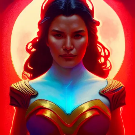 Prompt: iza calzado as darna, volumetric lights, red and cyan theme, art nouveau botanicals, intricate, highly detailed, digital painting, artstation, concept art, smooth, sharp focus, cinematic, illustration, beautiful face, art by artgerm and greg rutkowski and alphonse mucha