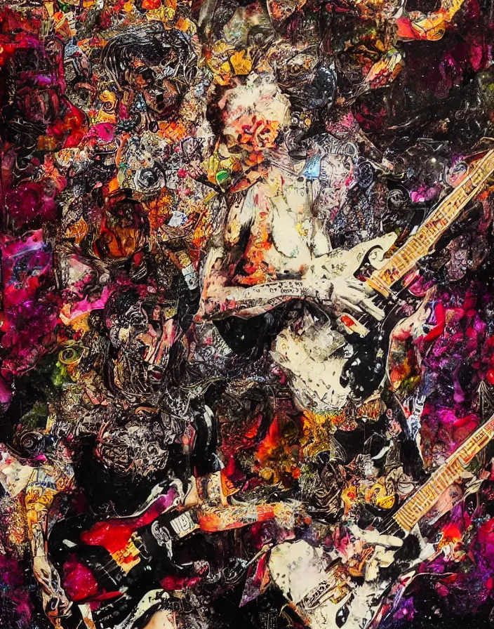 Prompt: rocknroll celestial orgasm detailed and highly reliefed analogue mixed media collage with texture, contemporary art, punk art, photorealistic, expressionism, masterpiece, perfect composition, hd quality, intricate details