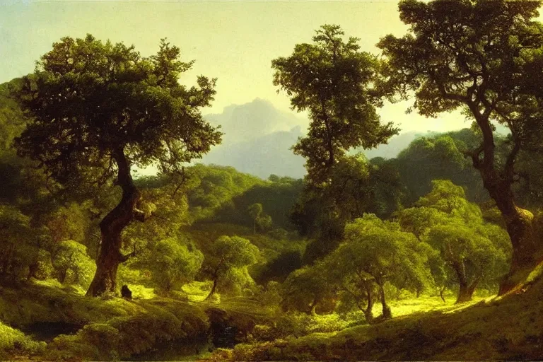 Image similar to masterpiece painting of oak trees on a hillside overlooking a creek, dramatic lighting, by rudolf ernst