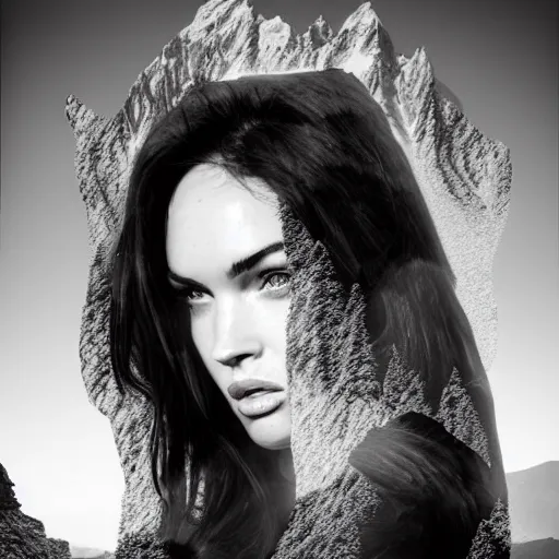 Image similar to double - exposure effect of megan fox face blended with beautiful mountains, in the style of dan mountford, amazing detail, black and white