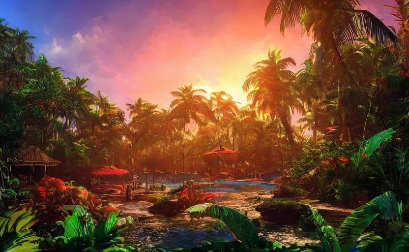 Image similar to a tropical resort in a jungle paradise, with a beautiful red and blue sunset, dynamic lighting, photorealistic fantasy concept art, trending on art station, stunning visuals, creative, cinematic, ultra detailed, ray tracing, sun rays