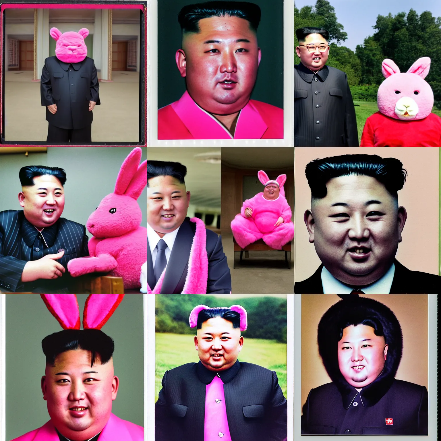 Prompt: Kim Jong-Un, looking smug, not smiling, wearing a pink rabbit costume, polaroid photograph, 4k