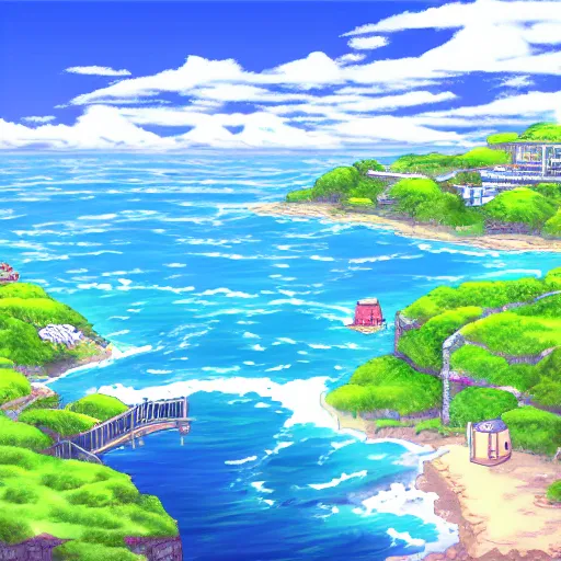 Prompt: Visual novel background of ocean side paradise city, drawn, studio ghibli, landscape