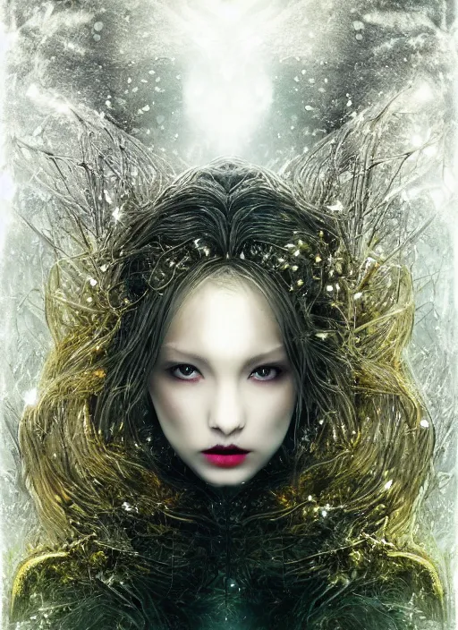 Image similar to glowing silver and golden elements, full close-up portrait, young female model from deviantart as a dark witch, book cover, green forest, white moon, red lips, establishing shot, extremly high detail, photo-realistic, cinematic lighting, pen and ink, intricate line drawings, by Yoshitaka Amano, Ruan Jia, Kentaro Miura, Artgerm, post processed, concept art, artstation, matte painting, style by eddie, raphael lacoste, alex ross