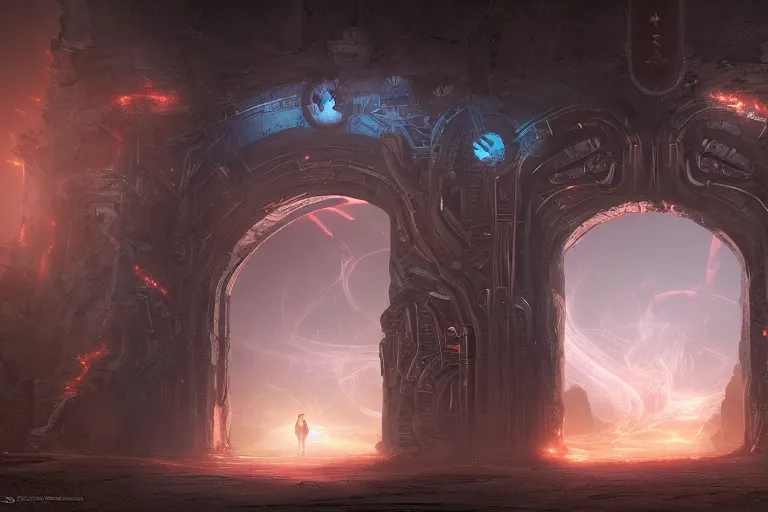 Prompt: ancient glowing epic portal to another dimension, cinematic, futuristic, gate, artstation, mattepainting