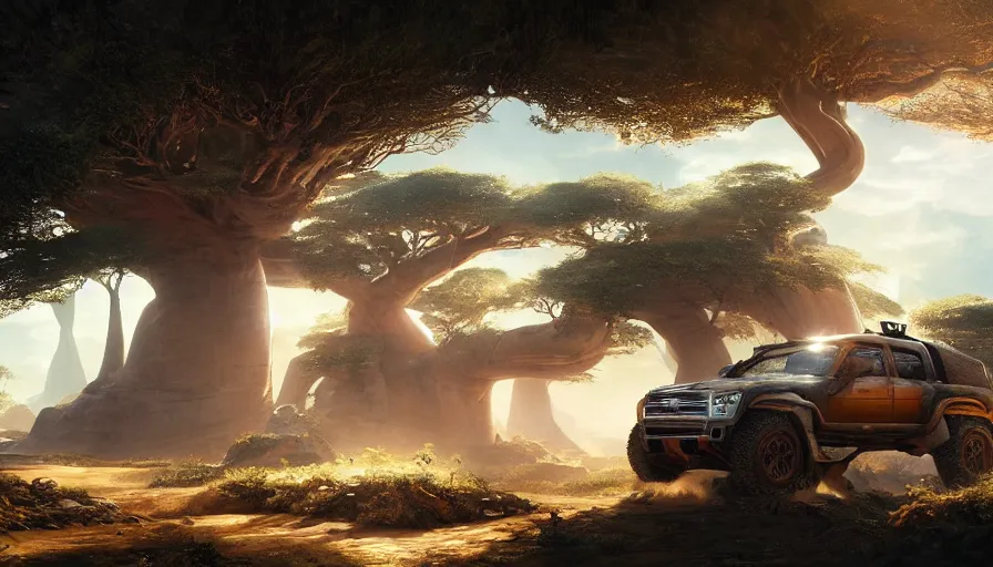 Image similar to an offroad suv designed by ford driving through madagascar with baobabs trees, artgerm and greg rutkowski and alphonse mucha, an epic fantasy, volumetric light, detailed, establishing shot, an epic fantasy, trending on art station, octane render, midsommar