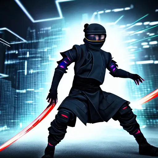 Prompt: photo of a cyber ninja with high tech weapons, highly detailed, 4k, HDR,