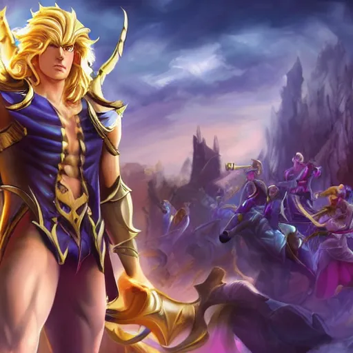 Image similar to Dio as a blond male demigod with beautiful long curly hair proclaiming victory over his subjects, grandiose royal palatial staging, official league of legends splash art, artstation HD