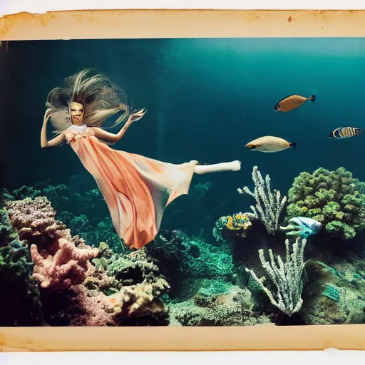 Image similar to medium format photograph of a surreal fashion shoot underwater with tropical fish and coral reefs and electricity