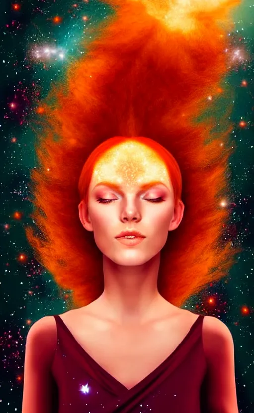 Image similar to space astral portrait of a beautiful girl, red hair, ginger hair, fantasy, glowing skin, smooth face, perfect eyes, half body shot, tarot card