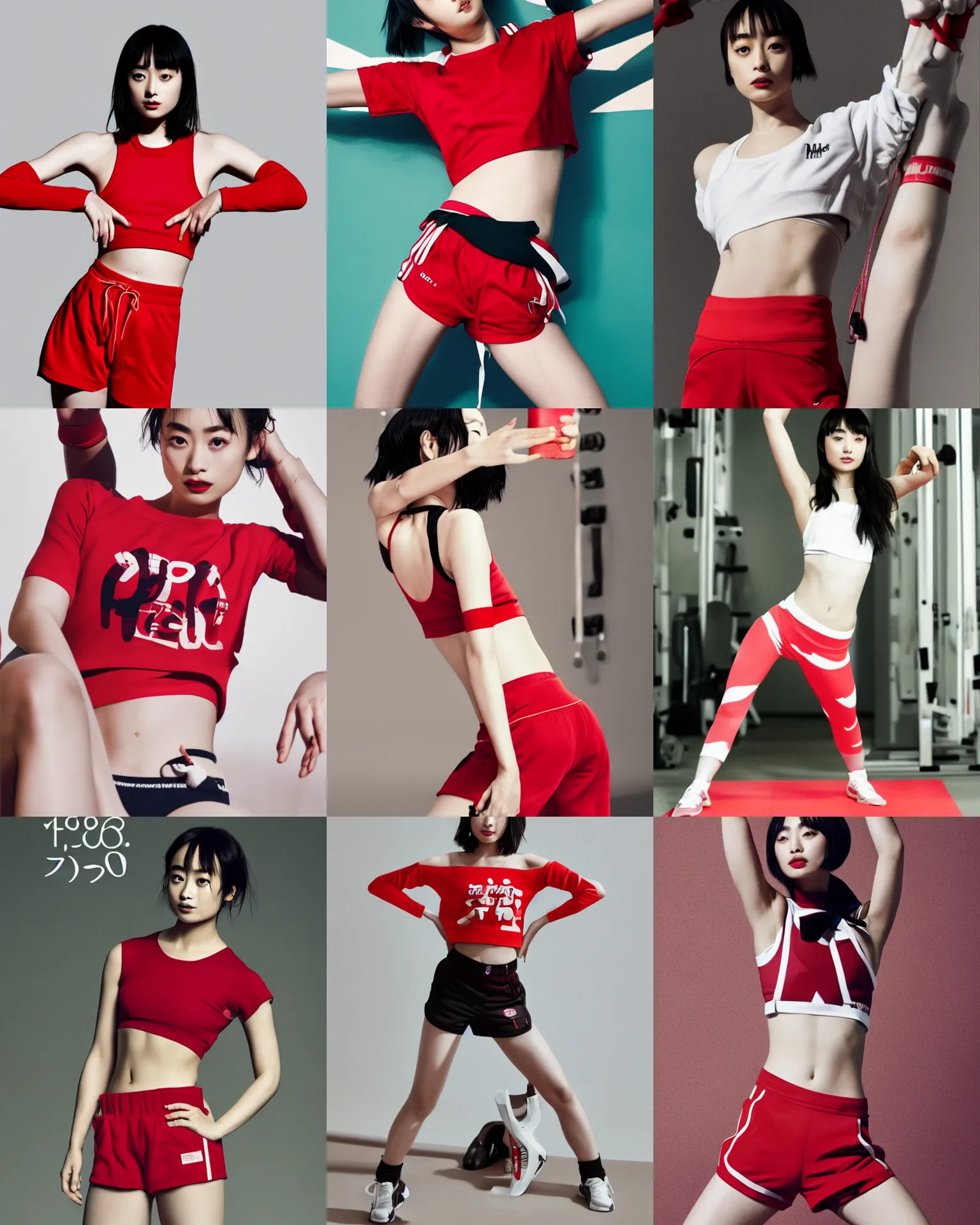 Prompt: suzu Hirose wearing crop red gym top with white lettering, cropped red yoga short, advertising photo by Mario Testino, masterwork