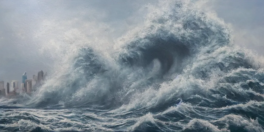 Prompt: tsunami crashing into Manhattan, realist painting