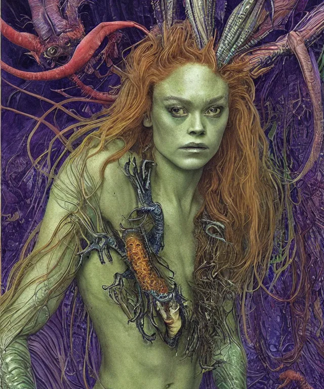Prompt: portrait photograph of a fierce sadie sink as an alien harpy queen with blue slimy amphibian skin. she is trying on evil bulbous slimy organic membrane fetish fashion and transforming into a fiery succubus amphibian villian. by donato giancola, walton ford, ernst haeckel, brian froud, hr giger. 8 k, cgsociety