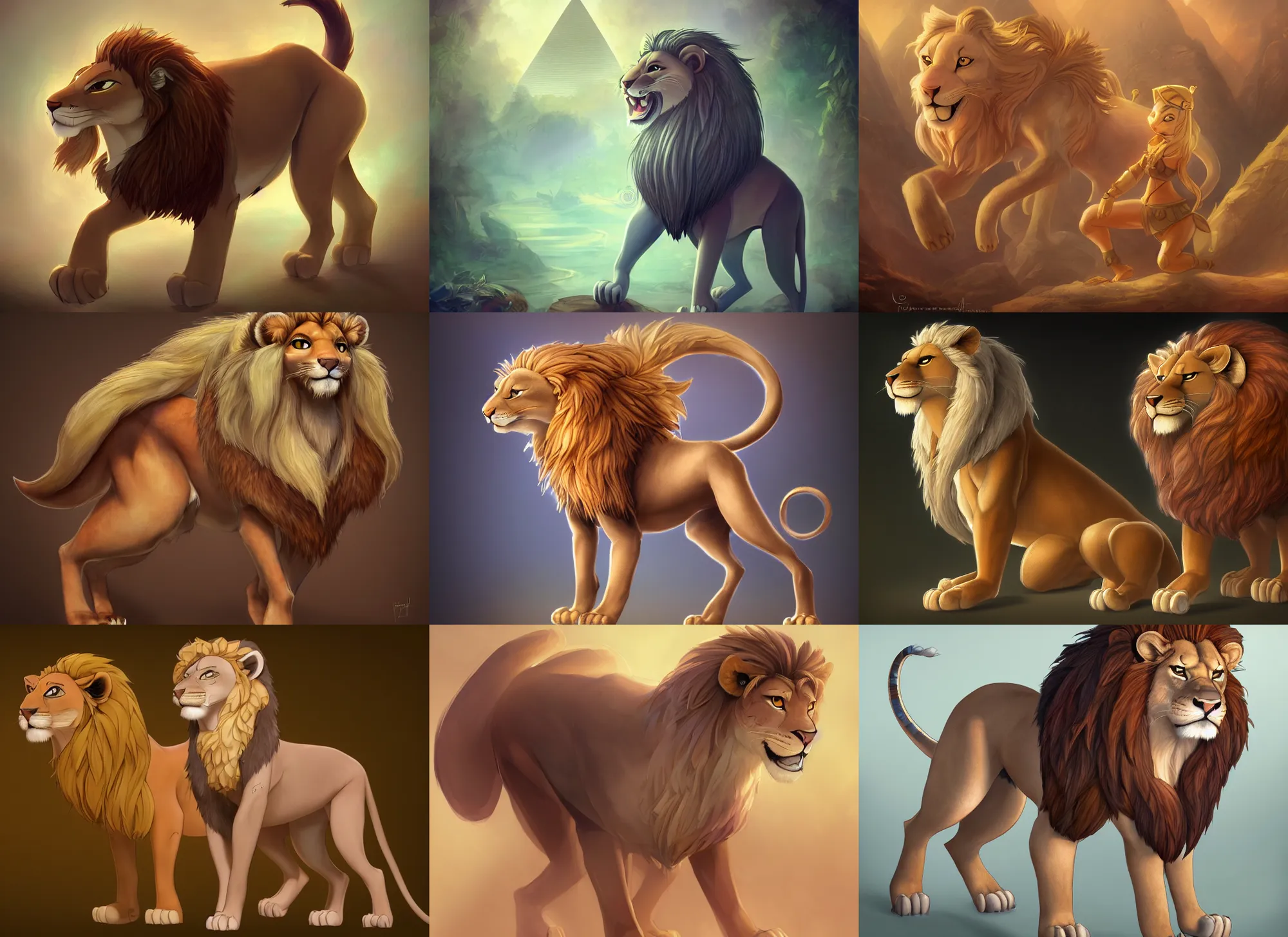 Prompt: fullbody beautiful detailed character design of an egyptian lion. deviantart adoptable, style of maple story and zootopia, portrait studio lighting by jessica rossier and brian froud in the style of disney, artstation deviantart